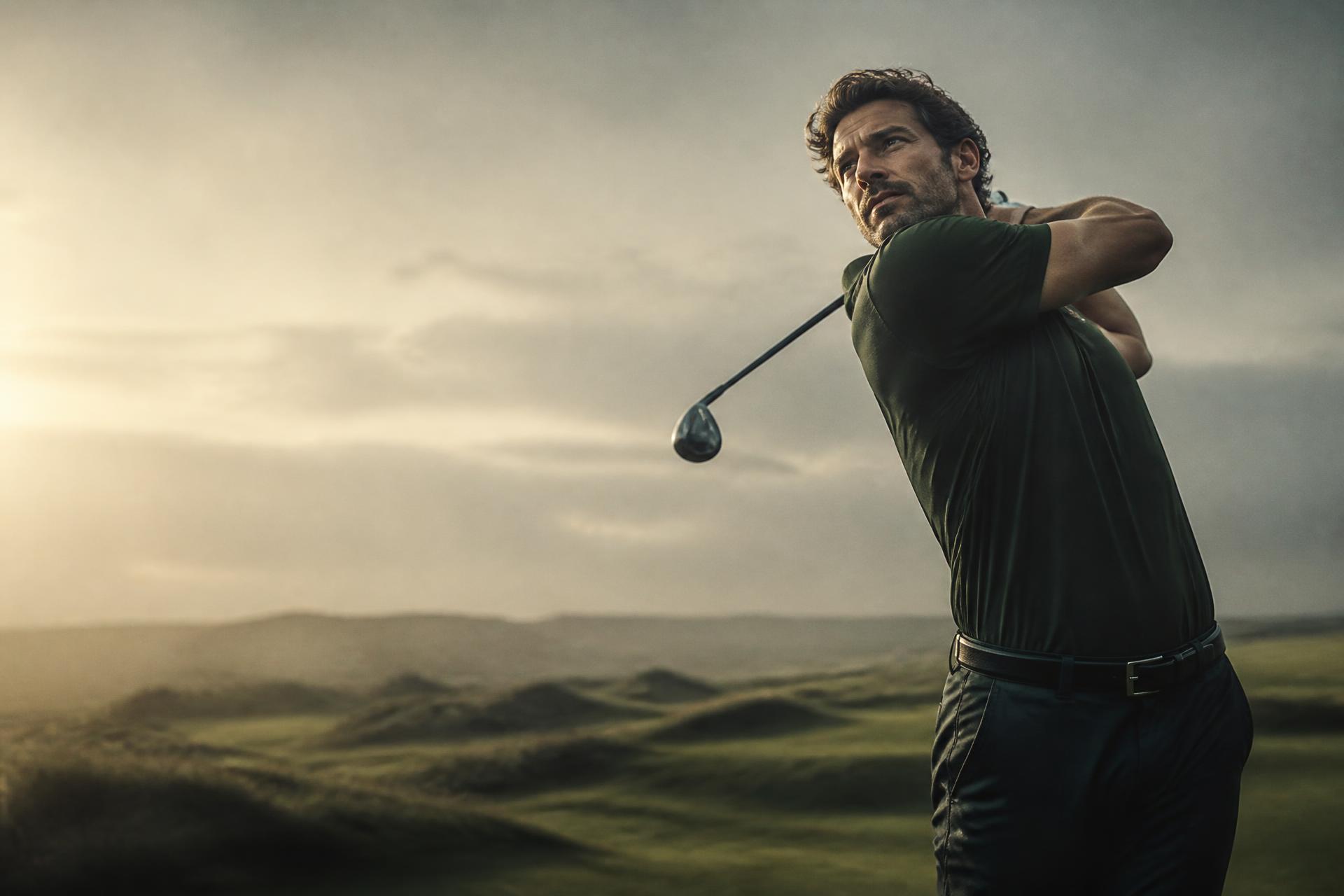 Golfer finishing a drive on a links course at golden hour